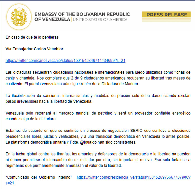 Posición del Embajador Carlos Vecchio, sobre el Comunicado del Gobierno Interino, sobre visita de EEUU a Venezuela.