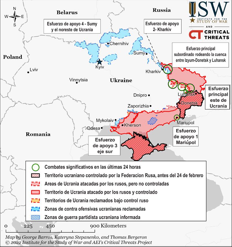 Mapa del teatro de operaciones en Ucrania, con los movimientos de tropas rusas. Fuente: Instituto de estudios de la guerra.