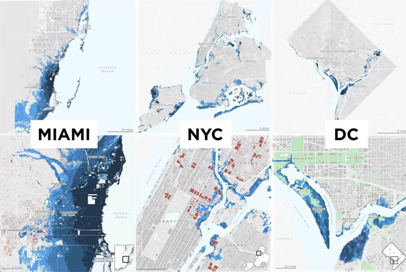 Los mapas corresponden a modelos de inundaciones a futuro, basados en huracanes reales.