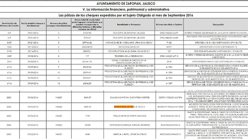 Captura de pantalla sobre registro de un cheque, girado por el Ayuntamiento de Zapopan.