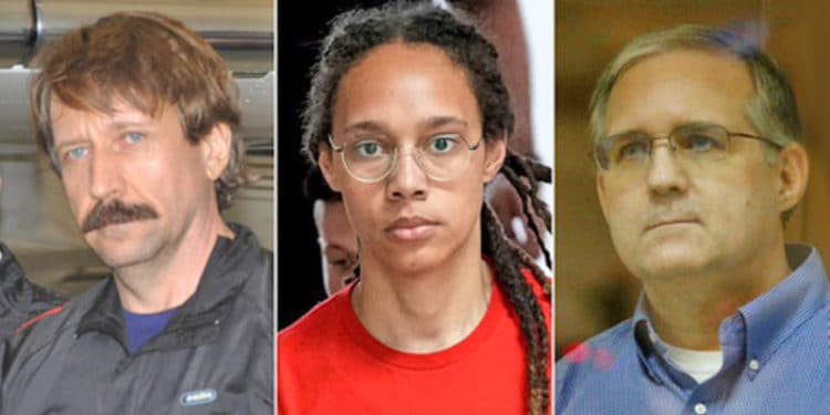 El traficante de armas Viktor Bout, conocido como el "mercader de la muerte", y los rehenes Brittney Griner y Paul Whelan.