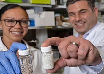 Amanda Nash y Omid Veiseh, muestran sus perlas de medicamento contra el cáncer. Foto cortesía Jeff Fitlow, Universidad Rice.