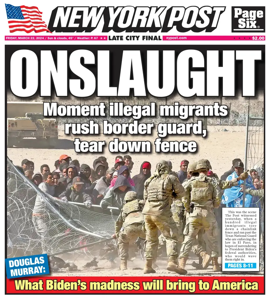 Portada del Post tras captar imágenes impactantes de la avalancha de vagabundos en la frontera el 21 de marzo en El Paso, Texas.